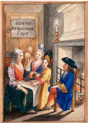 Figura  1:  Frontispice pour les Contes de ma mère l'Oye. Copie manuscrite des  contes en prose de Charles Perrault, 1695