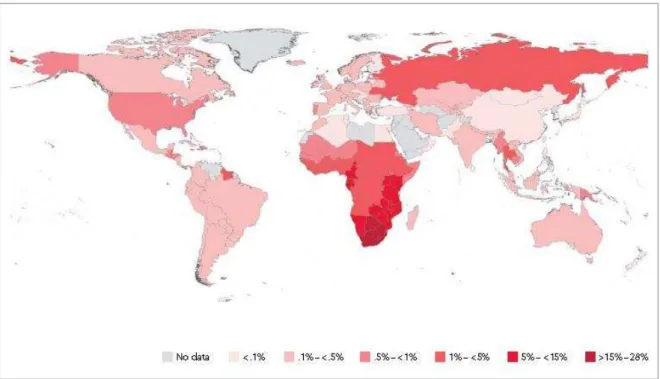 Figura 2   -   Pessoas  vivendo  com  HIV;  prevalência  de  pessoas  com  15anos  ou  mais,  em  diferentes  regiões do mundo  –  2009 
