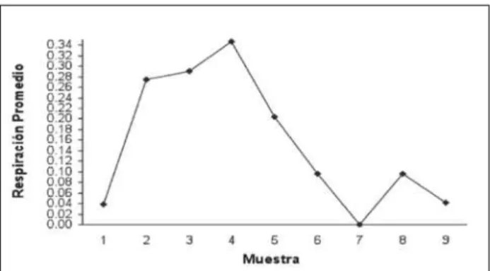 Figura 2 - Respiración promedio por muestra para las cinco esta- esta-ciones; el promedio representa el consumo de oxígeno por parte  del sedimento expresado en g/m²/h.