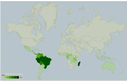 Figura 1 - Mapa de distribuição da família Annonaceae no mundo, representada pelas  áreas coloridas, com gradação de cor segundo a ocorrência