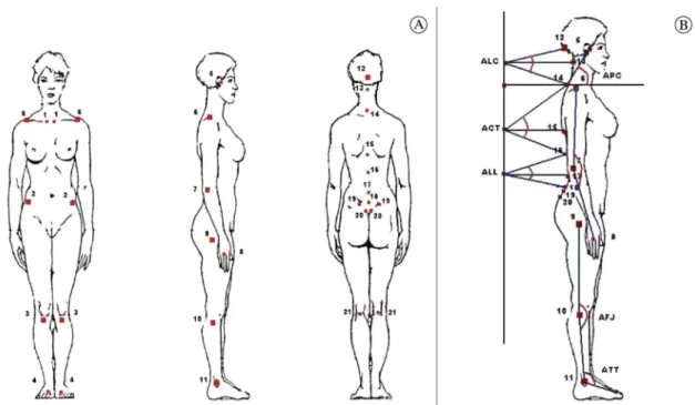 Figura 1. A) Esquema demonstrando os 21 pontos anatômicos considerados para análise postural por meio de registro fotográfico 