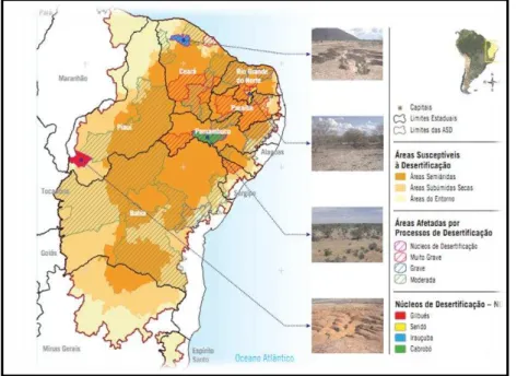 Figura 2  –  Mapa de áreas susceptíveis a desertificação e Núcleos de desertificação. 