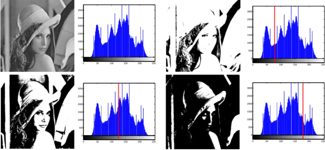 Figura 1.2: Diferentes limiariza¸c˜oes no histograma para uma imagem em n´ ı vel de cinza.
