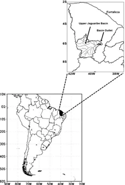 Fig. 1 Map of South American (left) with a magnified region showing Ceará State and the Upper Jaguaribe River Basin (right)