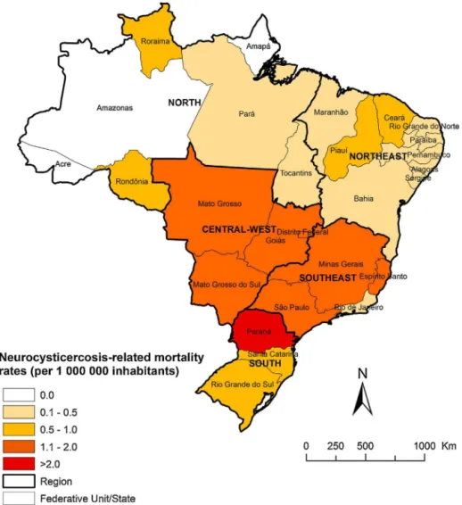 Fig. 1. Spatial distribution of average annual age-adjusted NCC-related mortality rates (per 1,000,000 inhabitants) by states of residence in Brazil, 2000–2011.
