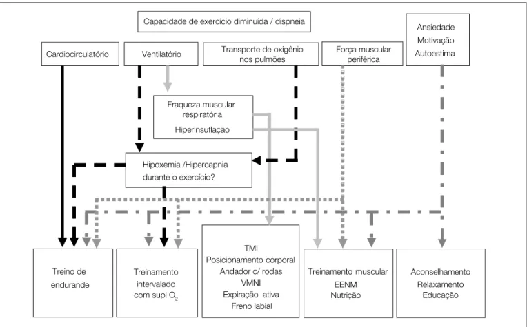 Figura 3.  Guia prático basedo na(s) causa(s) da limitação ao exercício, indicando direções para as modalidades de tratamento para otimizar a  performance ao exercício