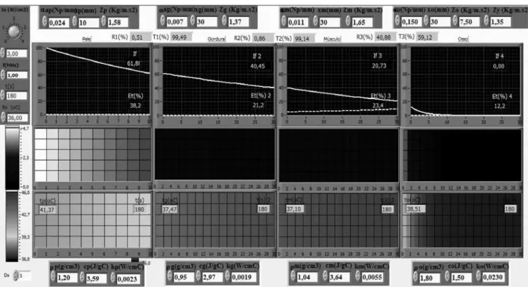 Figura 1.  Apresentação da tela do software, com a simulação de quatro camadas de tecidos com UST 1MHz e 3W/cm 2 , durante 180 segundos