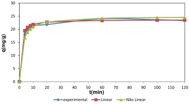 Figura 14.Comparação modelo cinético de pseudo-segunda ordem linear e não linear para o íon Cd 2+