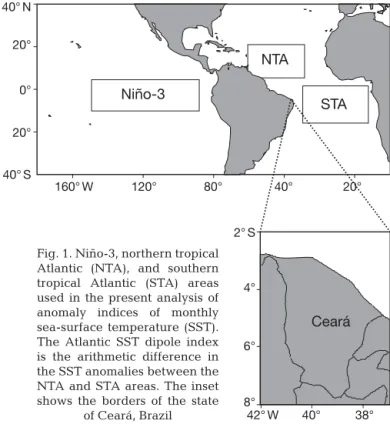 Fig. 1. Niño-3, northern tropical Atlantic (NTA), and southern tropical Atlantic (STA) areas used in the present analysis of anomaly indices of monthly sea-surface temperature (SST).