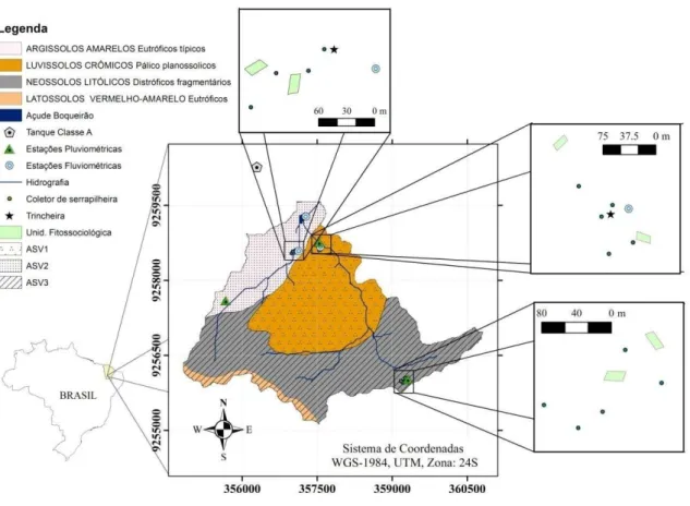 Figura 1 - Mapa de localização Bacia Experimental de Aiuaba (BEA), de solos, das três associações de solo- solo-vegetação (ASVs), das unidades fitossociológica, dos coletores de serapilheira e das estações de monitoramento  hidrológico da BEA