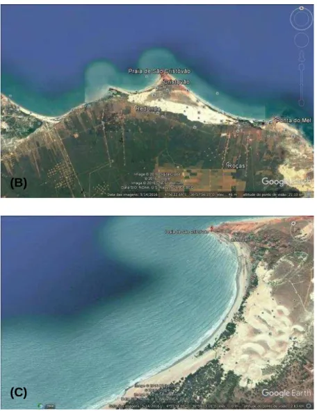 Figura 1: Localização do município de Areia Branca e da praia de São  Cristovão (A) e vista superior da baía (B e C), área onde ocorre a atividade 