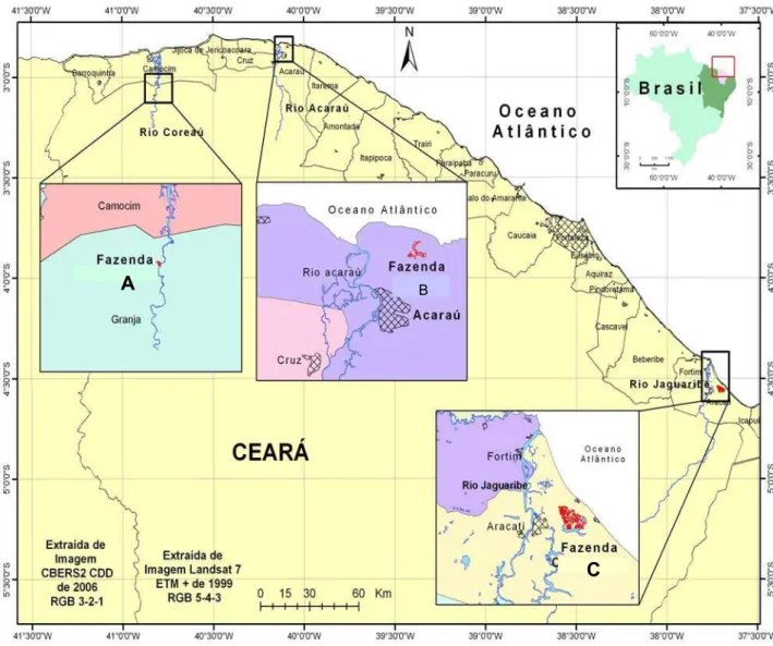 FIGURA 01: Mapa de localização das fazendas A, B e C (CE) de onde foram coletadas  amostras de camarão Litopenaeus vannamei nos períodos de estio e chuvoso