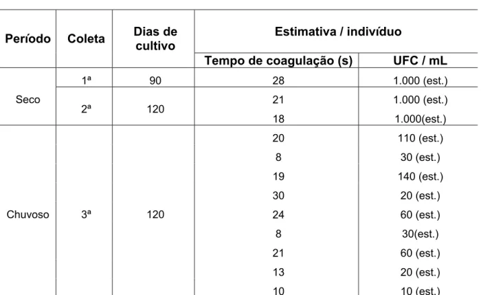 Tabela 1 - Estimativas na Contagem Padrão em Placas (CPP) de Vibrio por mililitro de  hemolinfa obtidas das amostras de camarão Litopenaeus vannamei, cultivado na  fazenda A, localizada no município de Granja-CE, no período de outubro/05 a  outubro/06