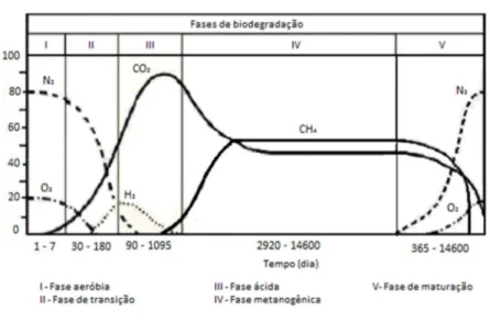 Figura 4 – Fases de geração de gases em Aterros Sanitários. 