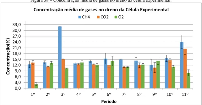 Figura 38 – Concentração média de gases no dreno da célula experimental. 
