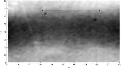 Figura 2.21: Radiografia digitalizada de uma peça de aço carbono contendo defeitos  de soldagem, onde ‘x’ e ‘y’ representam, respectivamente, o número de pixels ao 