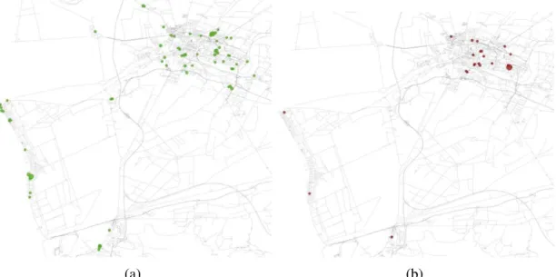 Figura 20 – Hot spot global (a) and local (b) nodes in Pisa on weekends. We can see more global PoIs on the beaches and the concentration of local ones on the city center.