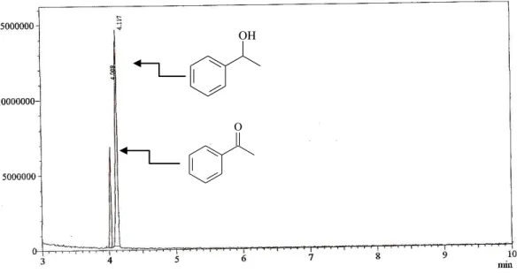 Figura 18. Cromatograma CG-EM da biorredução da acetofenona (2) com SGB. 