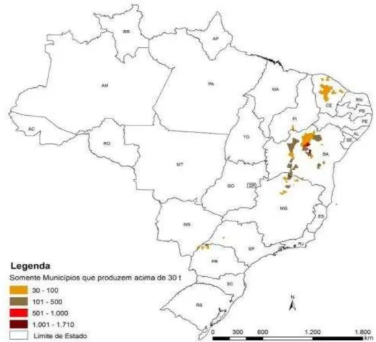 Figura 4  –  Mapa da produção agrícola da mamona no Brasil (IBGE, 2015). 