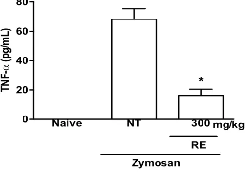 Figura 5: Efeito do pré-tratamento com RE (300 mg/kg) na liberação articular de TNF- TNF-α  na artrite induzida por zymosan