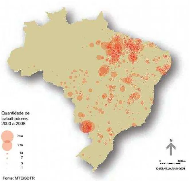 Ilustração 4: Mapa espacializando trabalhadores resgatados de trabalho escravo por naturalidade dos  trabalhadores libertados, Brasil - 2003 a 2008