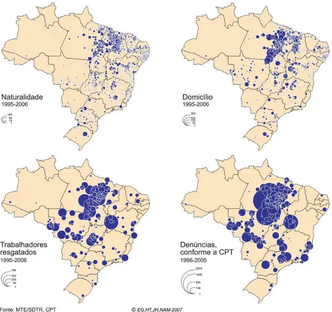 Ilustração 5: Mosaico de  mapas especializando  naturalidade, domicílio, resgatados  e denúncias  de  trabalho escravo, Brasil - 1996 a 2006