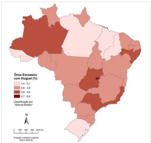 Figura XI. Ônus excessivo com aluguel urbano por unidades da Federação  relativo ao total de domicílios - Brasil – 2010 