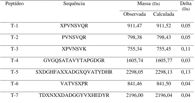 Tabela 4 - Sequência de aminoácidos dos peptídeos de CCL determinados por MS/MS 