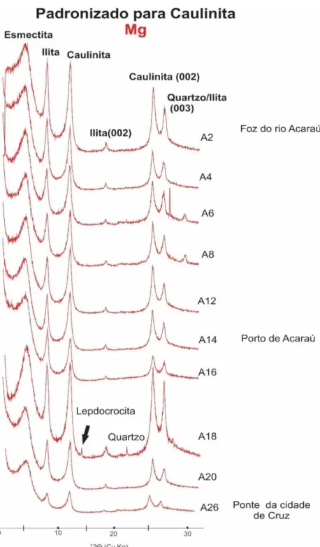 Figura  24.  Diagrama  de  difratometria  de  raio- x  da  fração  fina  (&lt;2  μm)  das  amostras de sedimento superficial no estuário do rio Acaraú