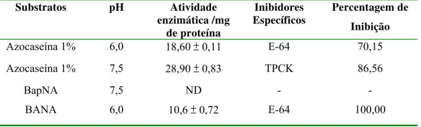 Tabela 1: Avaliação da atividade proteolítica da fração protéica do látex de C. procera para  diferentes substratos e na presença de inibidores