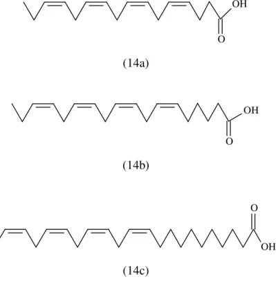 Figura  14  –  Estruturas  químicas  de  ácido  hexadeca-4,7,10,13-tetraenóico  (a),  ácido  octadeca-6,9,12,15  tetraenóico (b) e ácido  -linolênico (c) isolados da macroalga marinha verde Ulva fasciata (ALAMSJAH et al.,  2005)