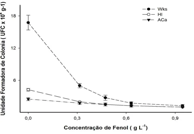 Figura  2  -  Análise  de  regressão  da  resposta  das  colônias  de  actinobactérias  em  função  da  concentração  de  fenol  sobre  diferentes  meios  Wks=  meio  Waksman;  HI=  meio  Himedia; 