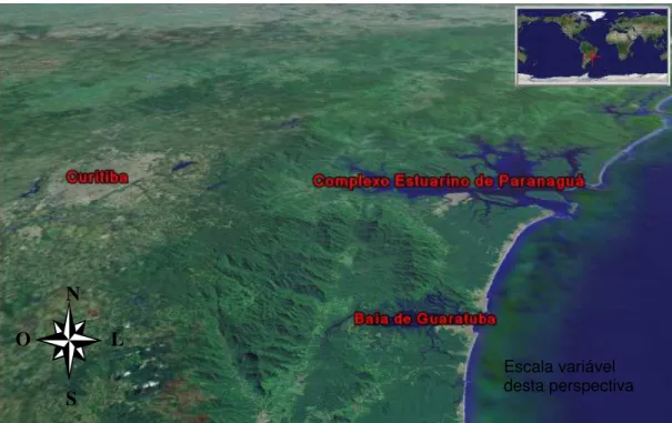 Figura 2 : Mapa do litoral paranaense indicando o Complexo Estuarino de Paranaguá e a  Baía de Guaratuba (Fonte: GOOGLE EARTH, 2005).