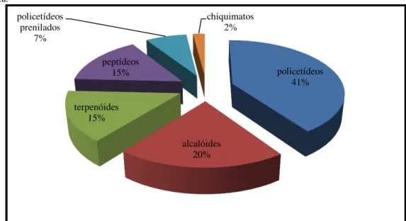 Figura 9. Gráfico da distribuição dos compostos bioativos oriundos de fungos marinhos de acordo com sua suposta origem  biogenética