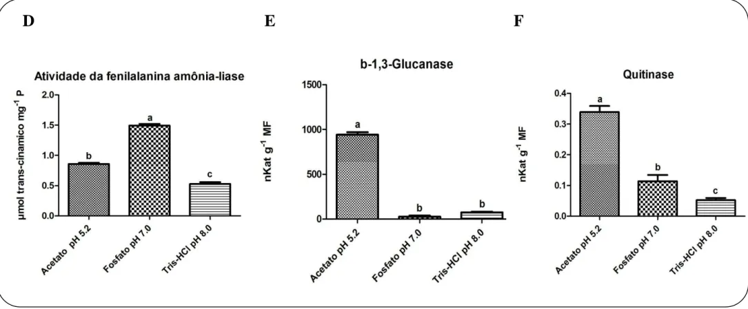 Figura 5. Atividades de enzimas relacionadas à patogênese mensuradas para avaliar o melhor tampão de extração a partir de folhas de feijão-de-corda