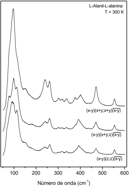 Figura 11 – Espectros Raman do cristal de Ala-Ala à temperatura ambiente em três  diferentes geometrias de espalhamento na região 50-600 cm -1 