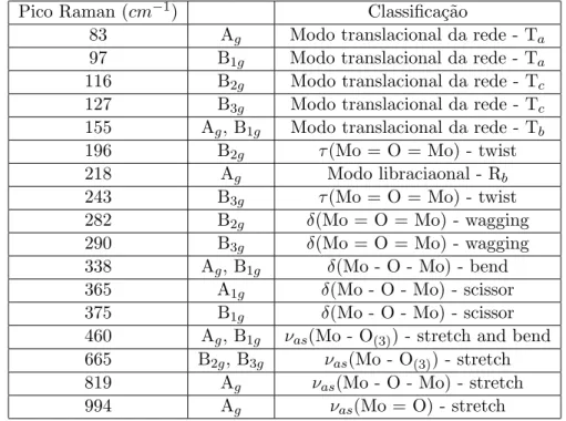 Tabela 1: Identifica¸c˜ao das bandas Raman dos nanobast˜oes de MoO 3 baseada na fase ortorrˆombica para o material bulk.
