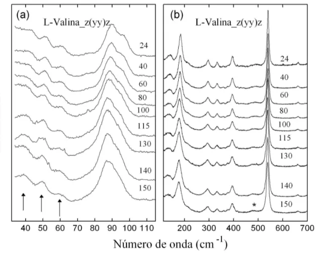 Figura 4.2: Espectros Raman do cristal de L-valina na região espectral entre (a) 30 a 115 cm -1  e  (b) 115 a 700 cm -1  em diversas temperaturas (em  o C) na geometria de espalhamento z(yy)z