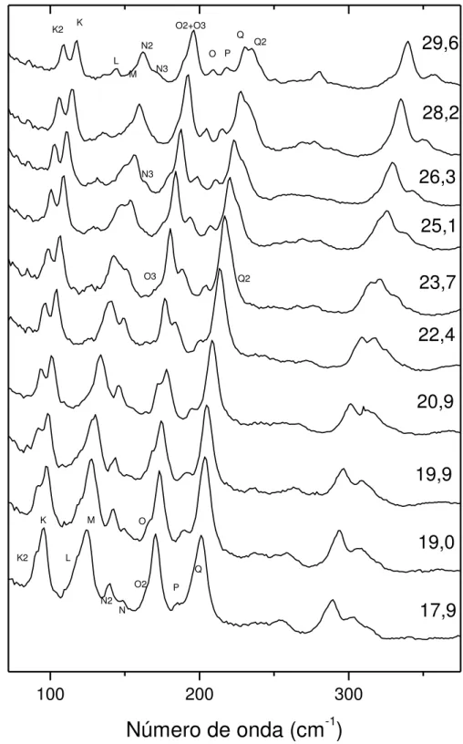 Figura 4.3: Espectros Raman da L-asparagina monohidratada no intervalo espectral entre 30 e 380  cm -1  para pressões entre 17,9 e 29,6 GPa