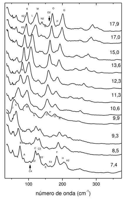 Figura 4.2: Espectros Raman da L-asparagina monohidratada no intervalo espectral entre 30 e 380  cm -1  para pressões entre 7,4 e 17,9 GPa