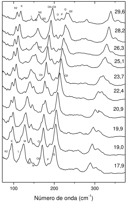 Figura 4.3: Espectros Raman da L-asparagina monohidratada no intervalo espectral entre 30 e 380  cm -1  para pressões entre 17,9 e 29,6 GPa