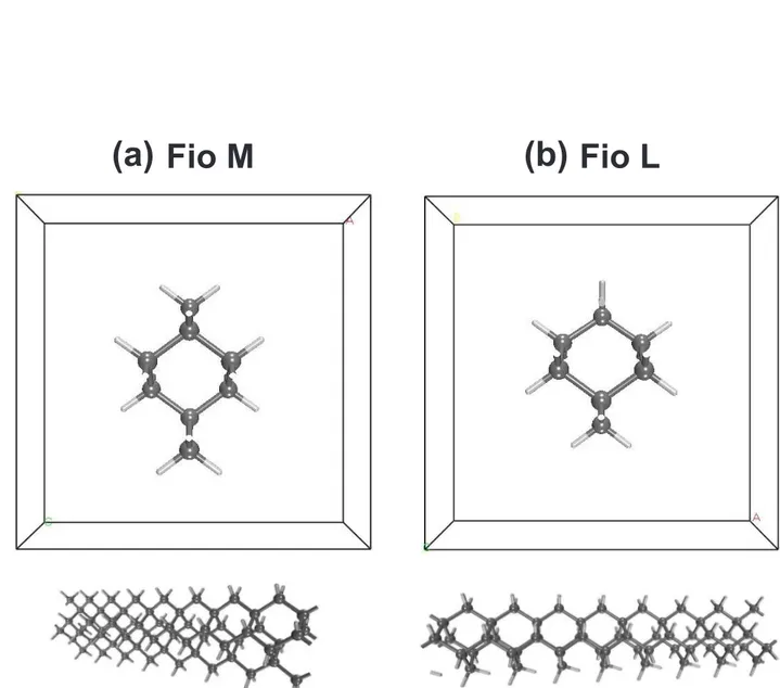 Figura 16: Visualizações das células unitárias dos nanofios &#34;Nanofio M&#34;e &#34;Nanofio L&#34;do de adamantano, onde temos: (a) Nanofio M e (b) Nanofio L.