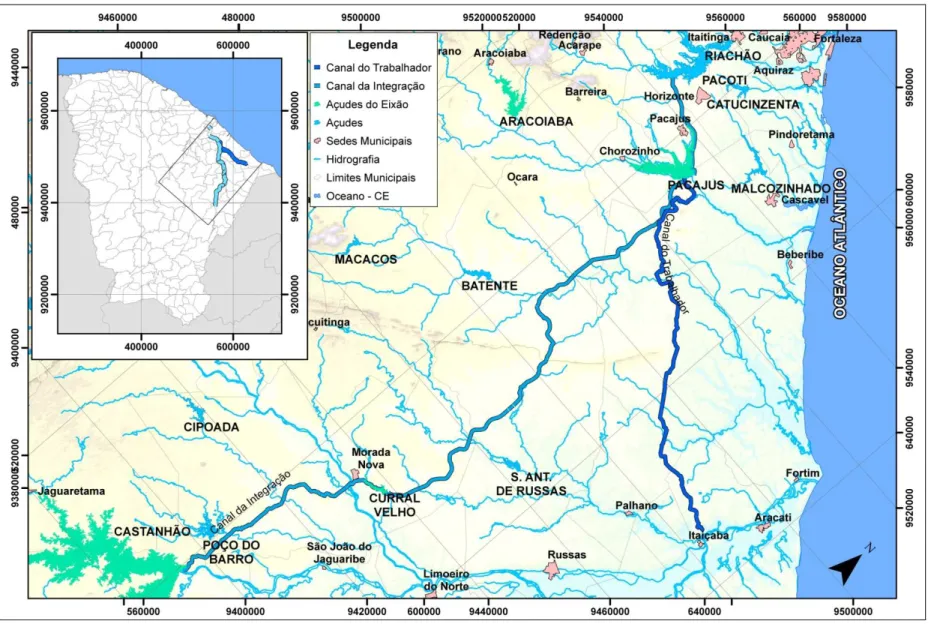 Figura 3.2 – Mapa da área de aplicação do estudo onde se destacam os reservatórios e os canais 