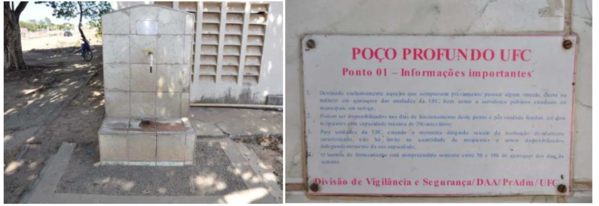 Fig. 10 - Saída da água do reservatório e placa de identificação do Poço 01   –  UFC,  Campus do Pici, Fortaleza-CE 