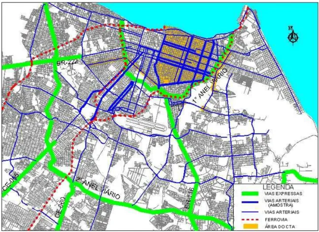 Figura 3.1: Sistema Viário Básico do Município de Fortaleza e a amostra selecionada.  