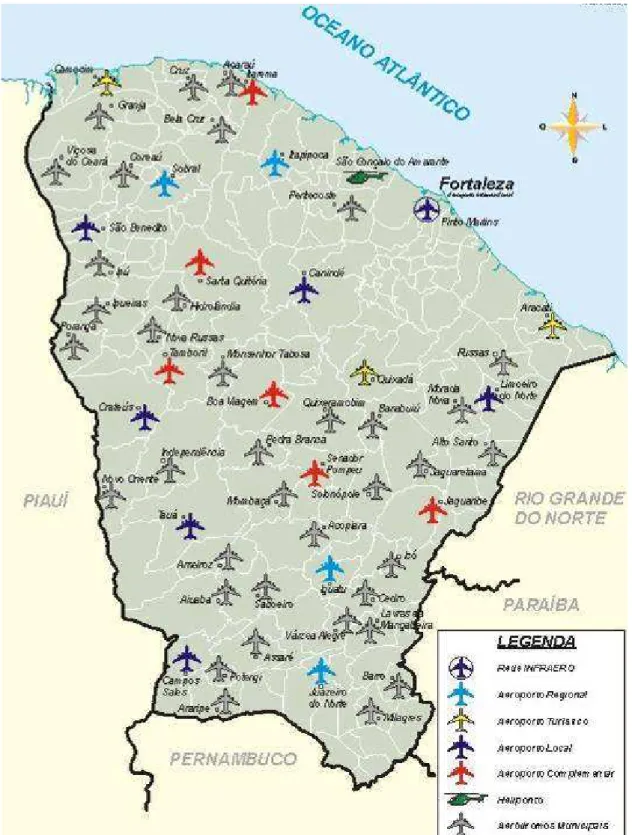 Figura 3.11 – Mapa de distribuição dos aeroportos no Estado do Ceará. DER (2008). 