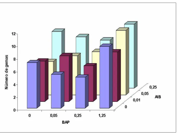 FIGURA 5  ─  Número médio de gemas (nós + ápice) a partir de ápices caulinares de moringa  inoculados sob diferentes combinações dos reguladores de crescimento BAP e  AIB ( μ M)