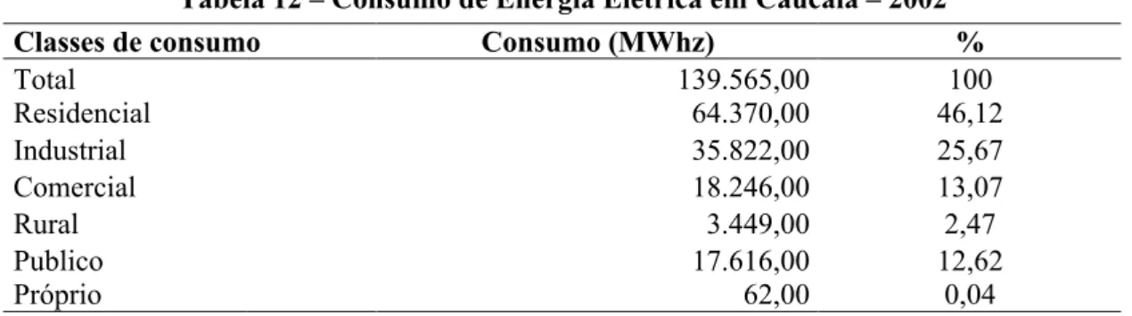 Tabela 12 – Consumo de Energia Elétrica em Caucaia – 2002