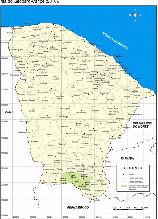 Figura 01. Estado do Ceará, com destaque aos municípios nos quais está inserida a  área do Geopark Araripe (2010)