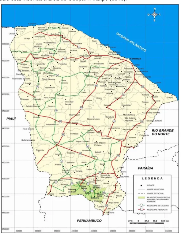 Figura  02.  Estrutura  rodoviária  do  estado  do  Ceará,  com  destaque  aos  municípios  nos quais está inserida a área do Geopark Araripe (2010)